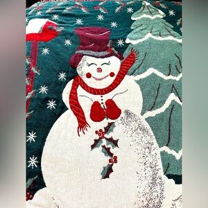 Christmas Holly Snowman Birdhouse Tree Vintage Throw Blanket Tapestry Fringe